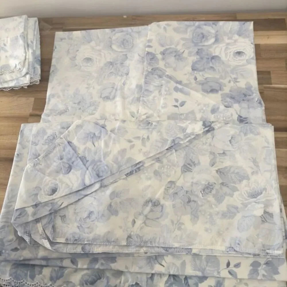 Rare Eileen West Martex Blue Peony Floral QUEEN Sheet Set‎ 4PC Eyelet Lace Trim